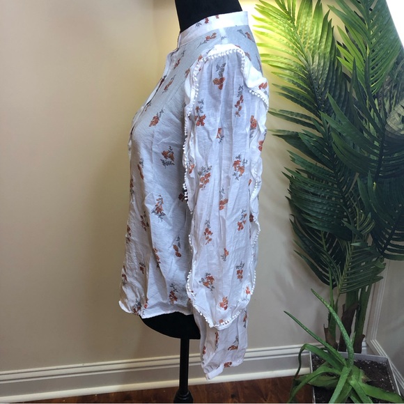 Ann Taylor Floral Linen Long Sleeve High-neck Ruffle Ivory Blouse Oversized XS - Picture 3 of 8